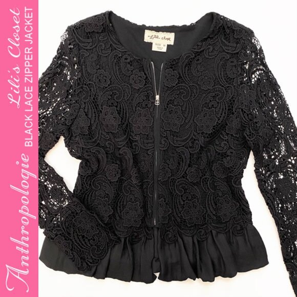 NWOT Anthropologie Black Lace Zippered Peplum Jacket Size M - Picture 1 of 12